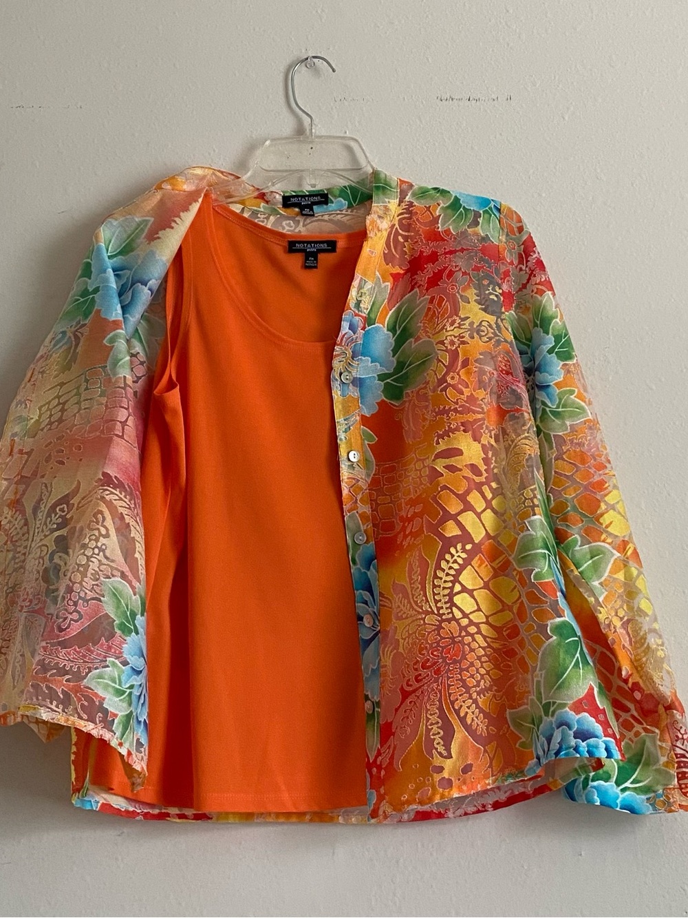 Notations Orange Tank with Multicolor Floral Sheer Shirt PM